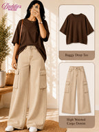 Brown Drop Shoulder Tee & Beige Cargo Denim Jeans