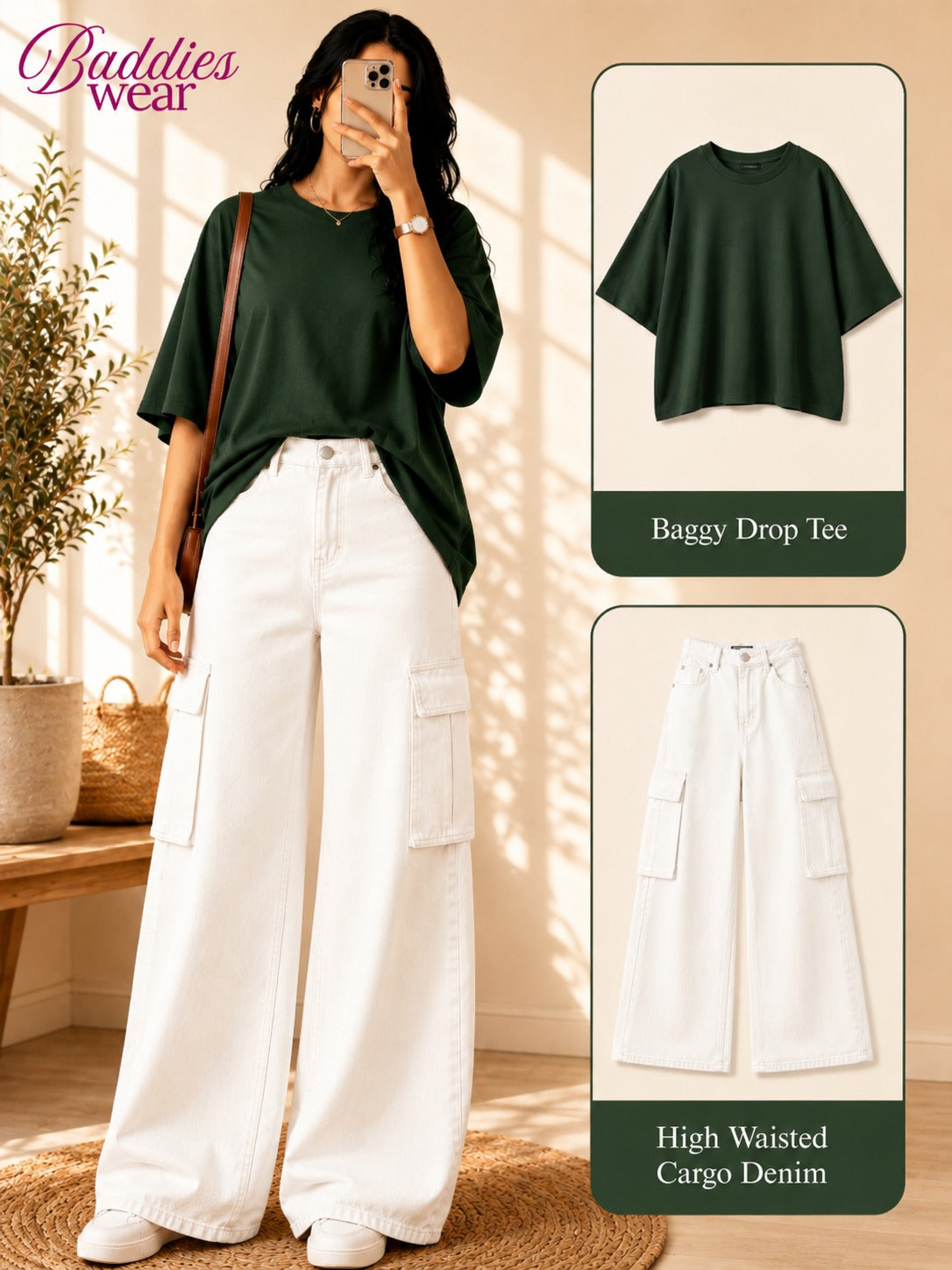 Olive Green Drop-Shoulder T-Shirt & White Cargo Jeans