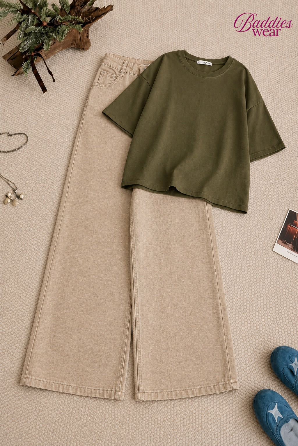 Olive Green Drop Shoulder With Beige Wide Leg Jeans
