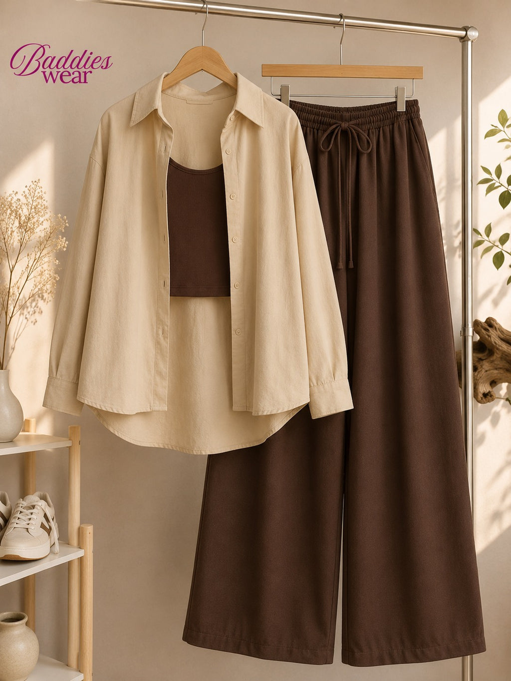 Beige Button Down Shirt With Brown Tank Top & Brown Flapper Trouser