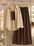 Beige Button Down Shirt With Brown Tank Top & Brown Flapper Trouser