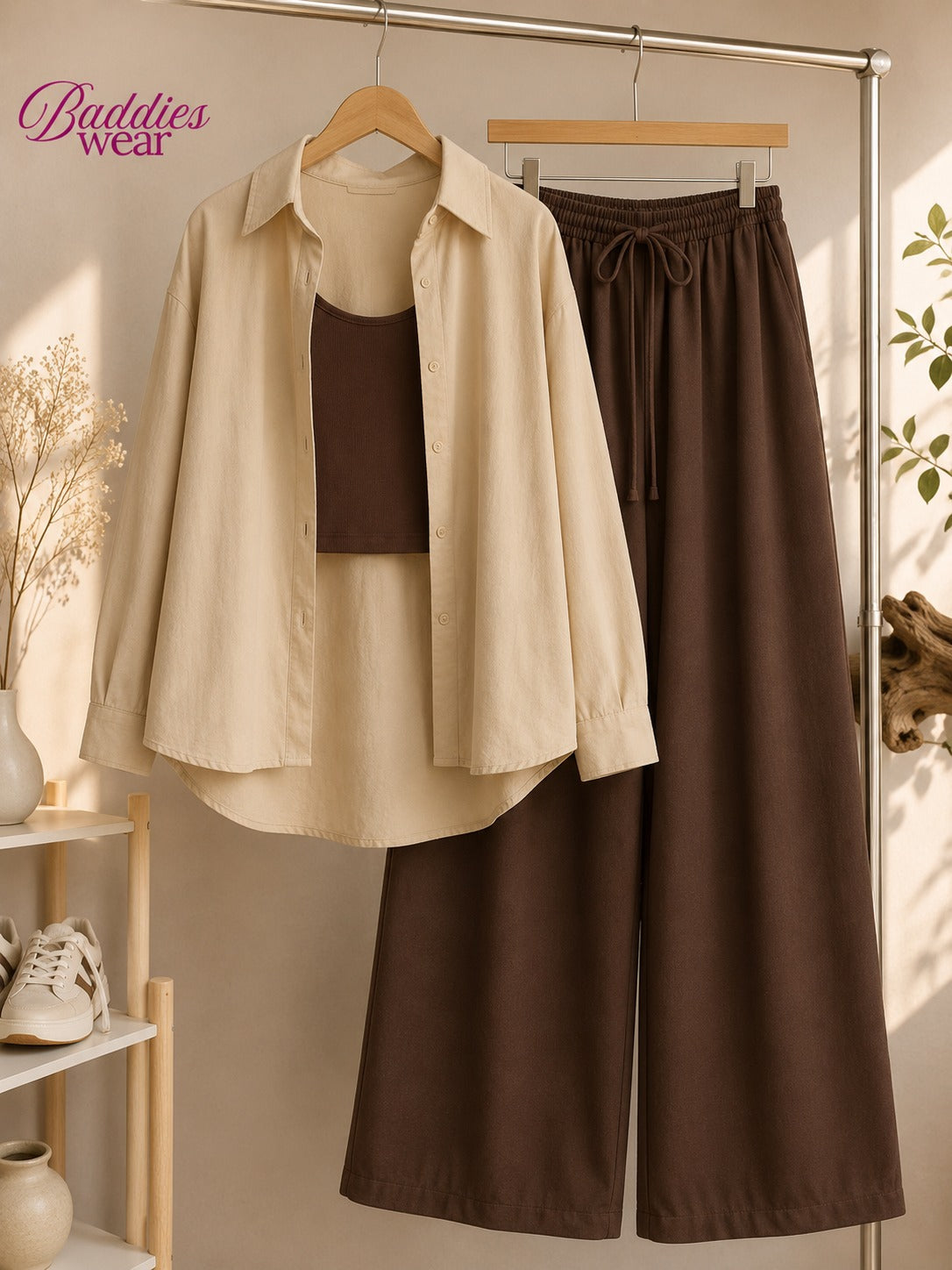 Beige Button Down Shirt With Brown Tank Top & Brown Flapper Trouser