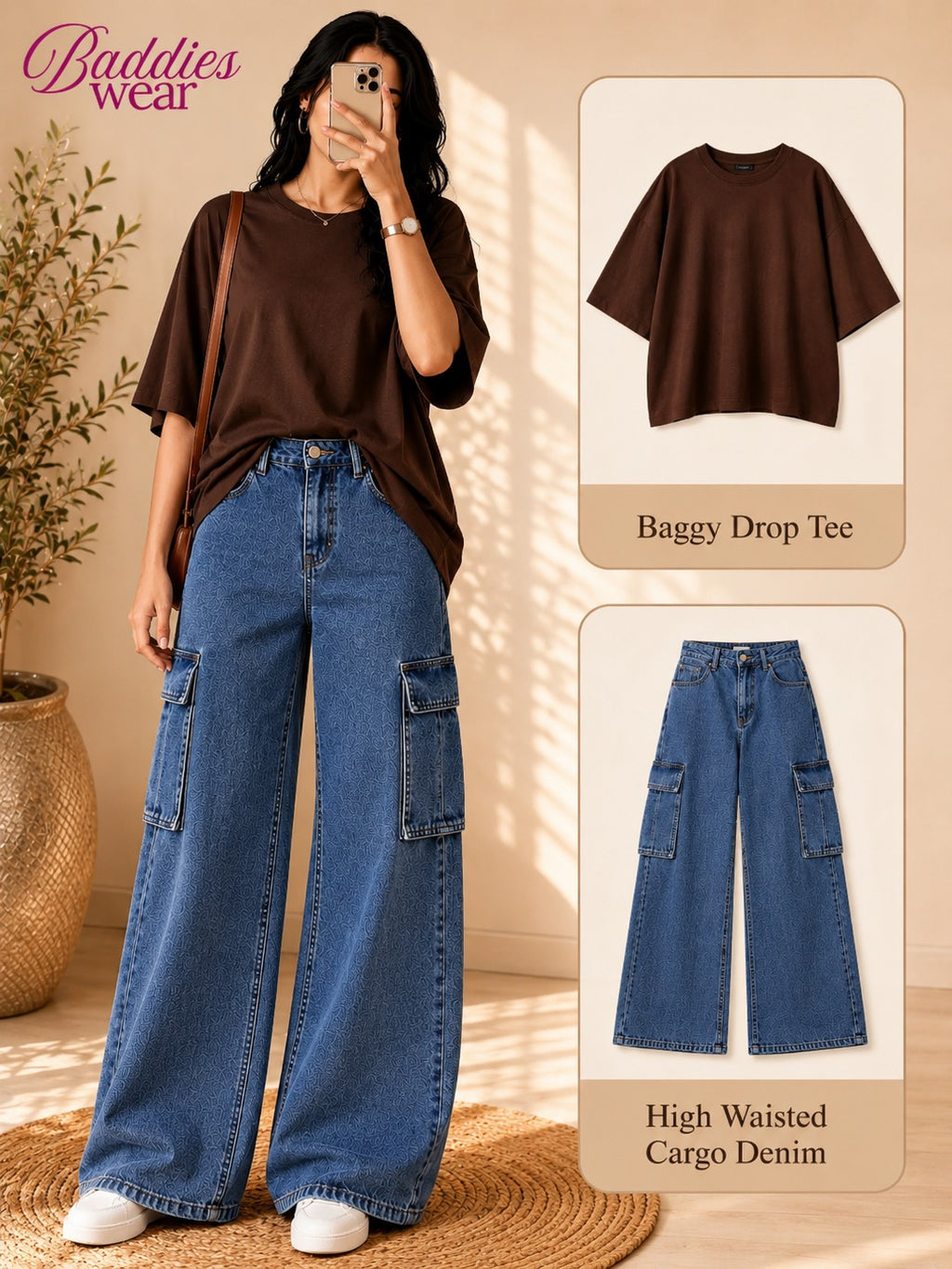 Brown Drop-Shoulder T-Shirt & Mid-Blue Cargo Jeans