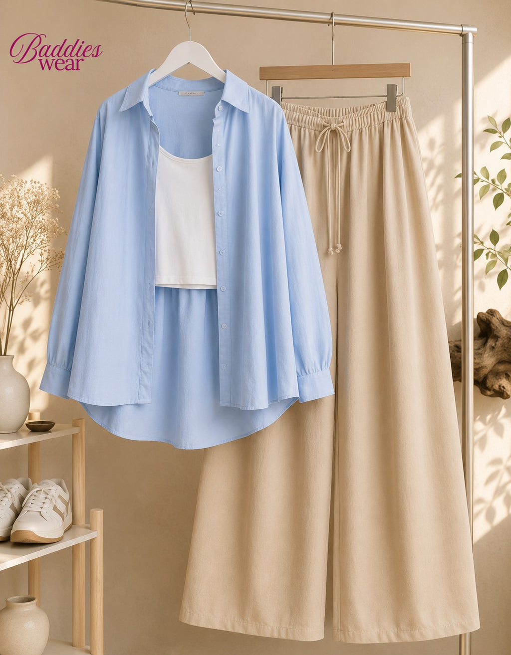 Sky-Blue Button Down Shirt With White Tank Top & Beige Flapper Trouser