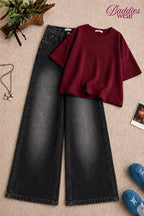 Maroon Baggy Drop Shoulder Tee & Greyish Vintage Baggy Jeans