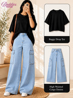 Black Drop-Shoulder T-Shirt & ice-blue Cargo Jeans