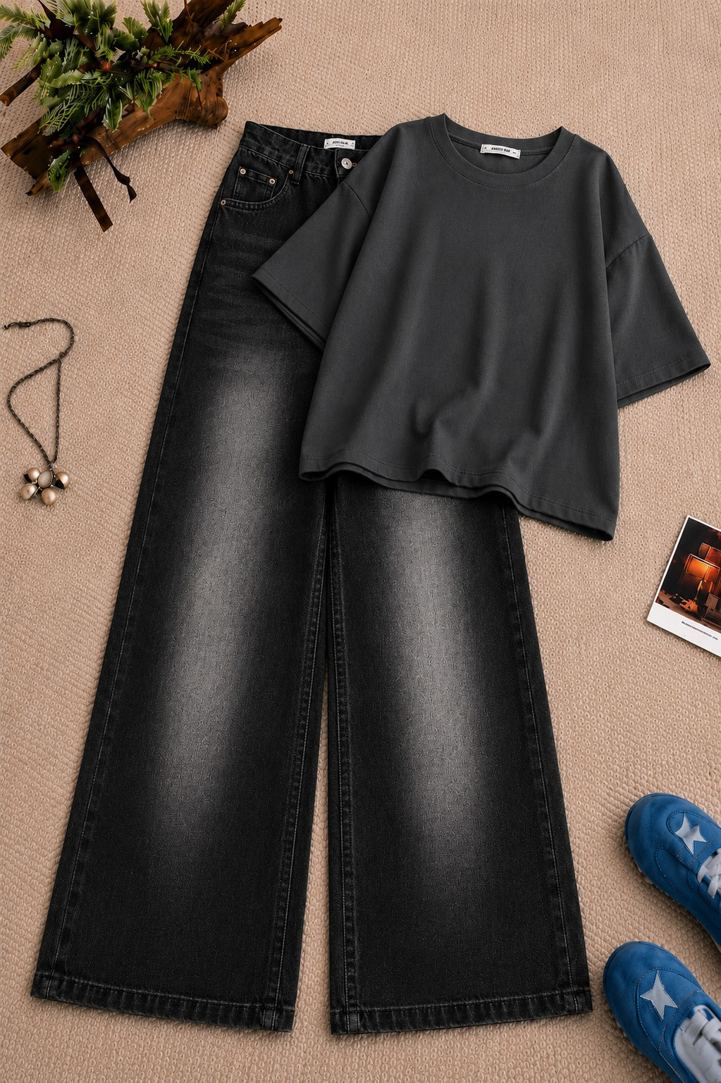 Charcoal Grey Baggy Drop Shoulder Tee & Black Vintage Baggy Jeans