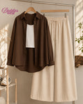 Brown Button Down Shirt With White Tank Top & Beige Flapper Trouser