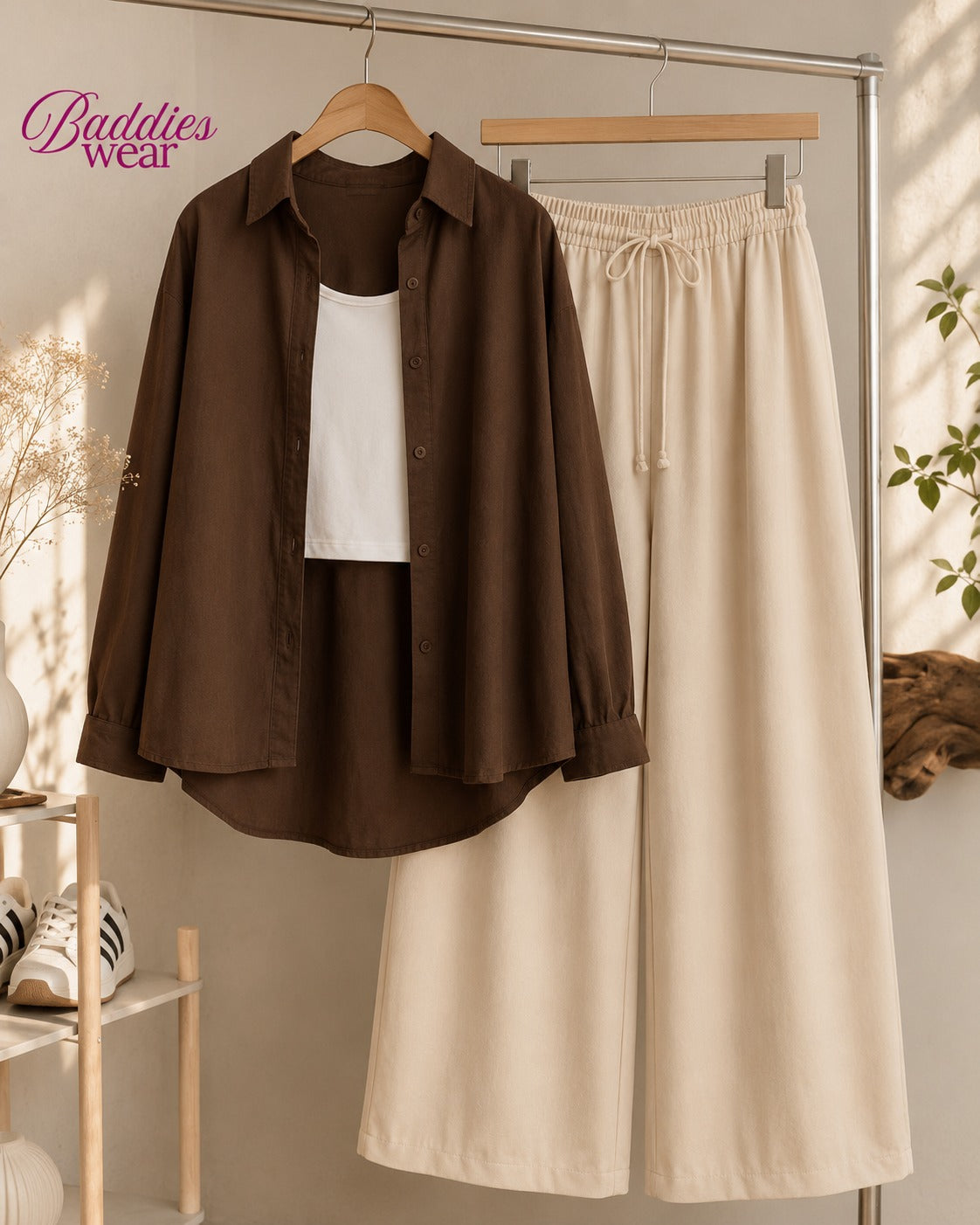 Brown Button Down Shirt With White Tank Top & Beige Flapper Trouser