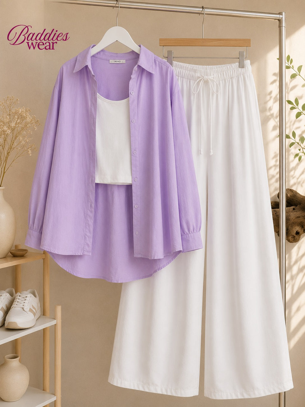 Lilac Button Down Shirt With White Tank Top & White Flapper Trouser