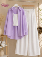Lilac Button Down Shirt With White Tank Top & White Flapper Trouser