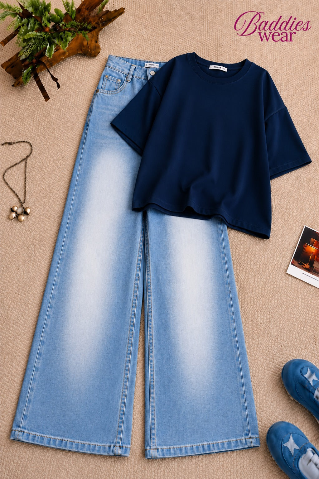 Navy Blue Baggy Drop Shoulder Tee &  Sky Blue Vintage Baggy Jeans