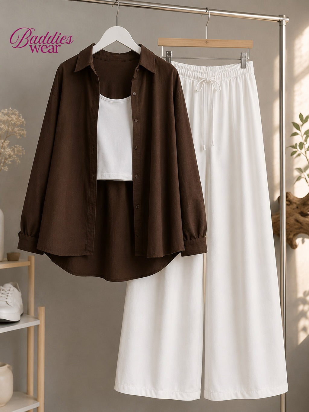 Brown Button Down Shirt With White White Tank Top & Flapper Trouser