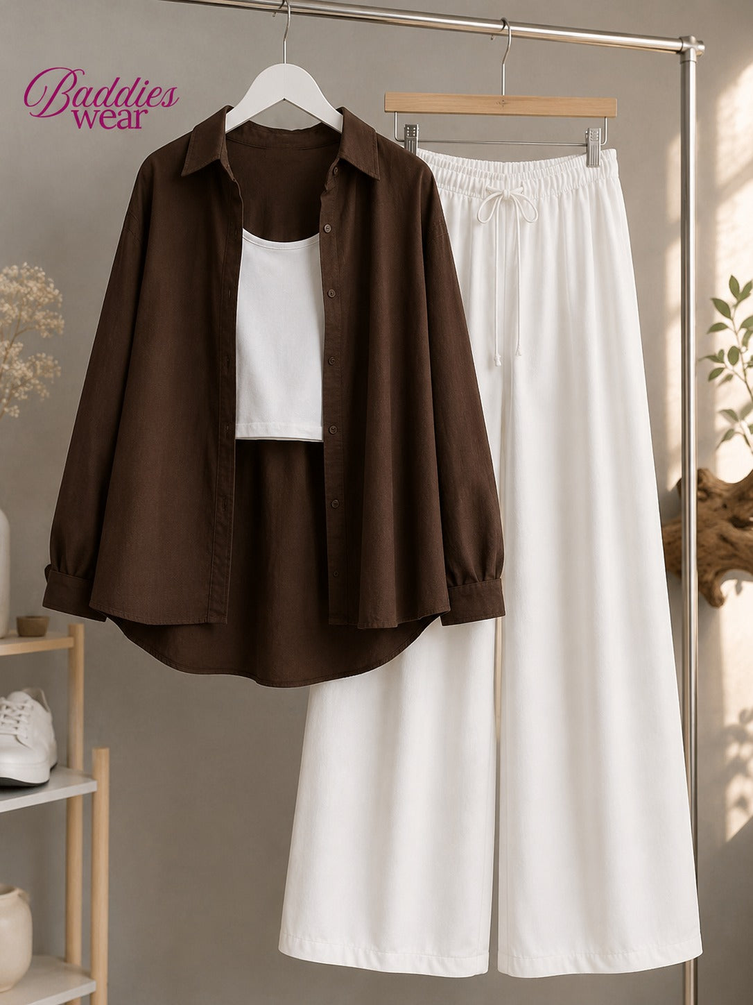 Brown Button Down Shirt With White White Tank Top & Flapper Trouser